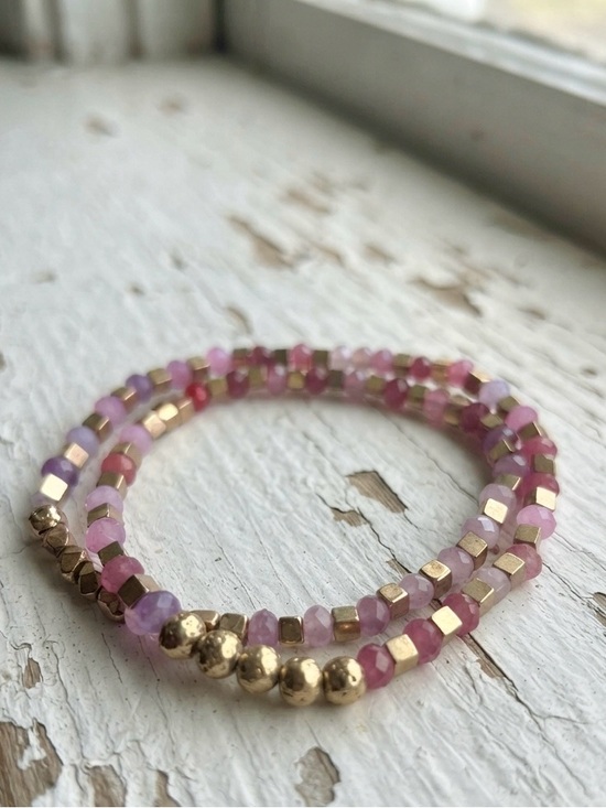Handmade Jewelry - Pink Crystal & Quartz Faceted Beaded Stretch Wrap Bracelet with Gold Hematite